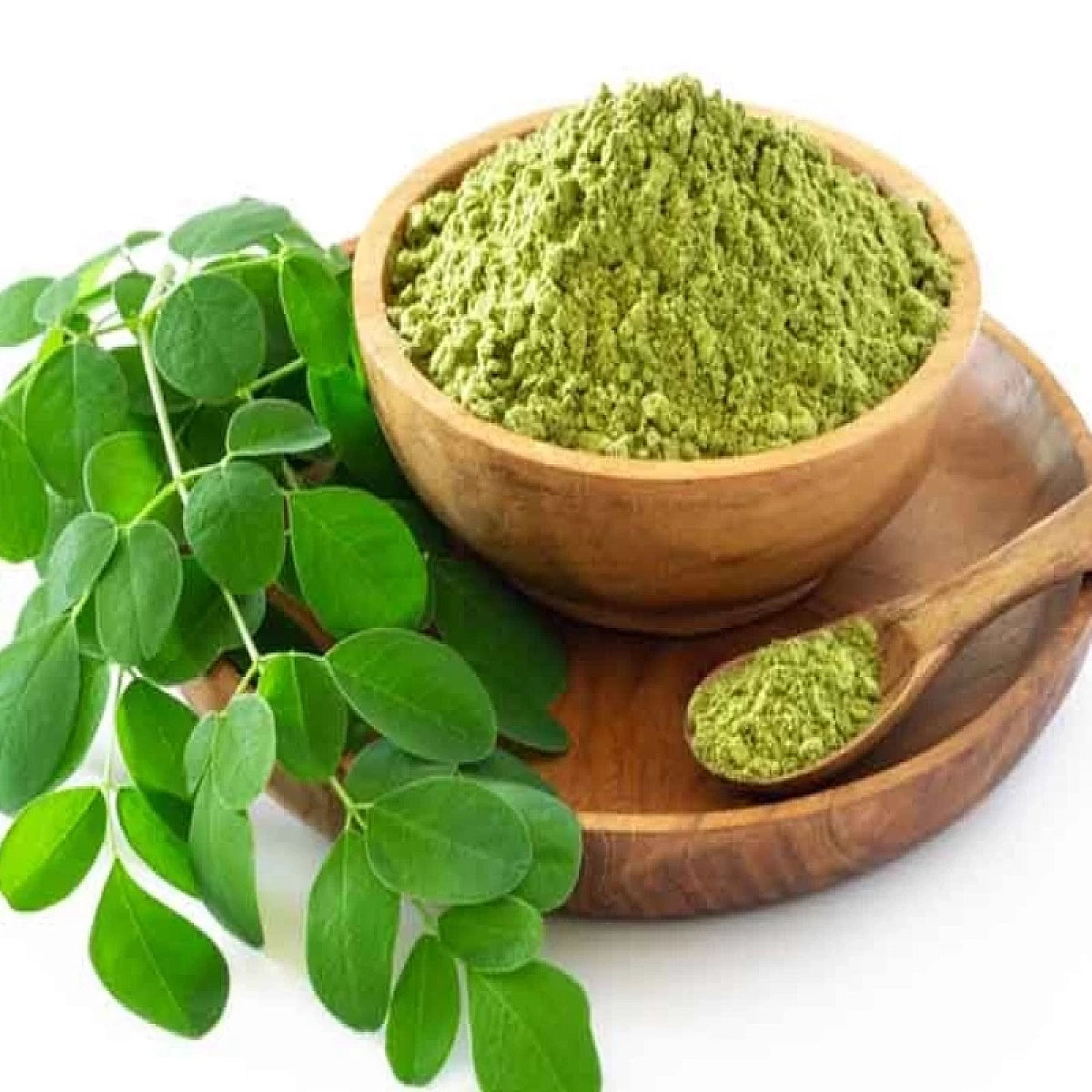 Organic Acure Moringa Leaf Powder in Wooden Bowl - Premium Quality | অরগ্যানিক সজিনা পাতা গুঁড়া
