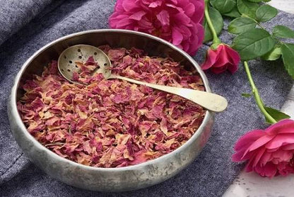 Dried Rose Petals in Metal Bowl with Fresh Roses - Natural Herbal Ingredient | শুকনো গোলাপের পাপড়ি